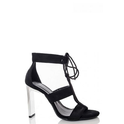 Black faux suede metallic heel sandals